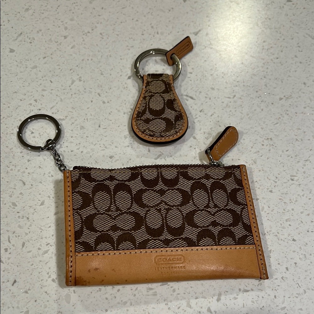 Coach Brown and Tan Keychain and Card Case Set